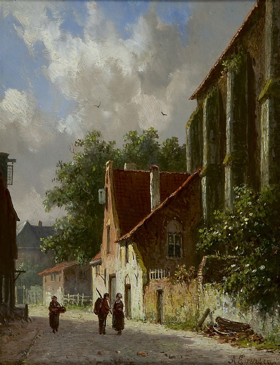 Eversen A.  | Adrianus Eversen, Figures in a sunny village street, oil on panel 18.9 x 14.9 cm, signed l.r. and on a label on the reverse