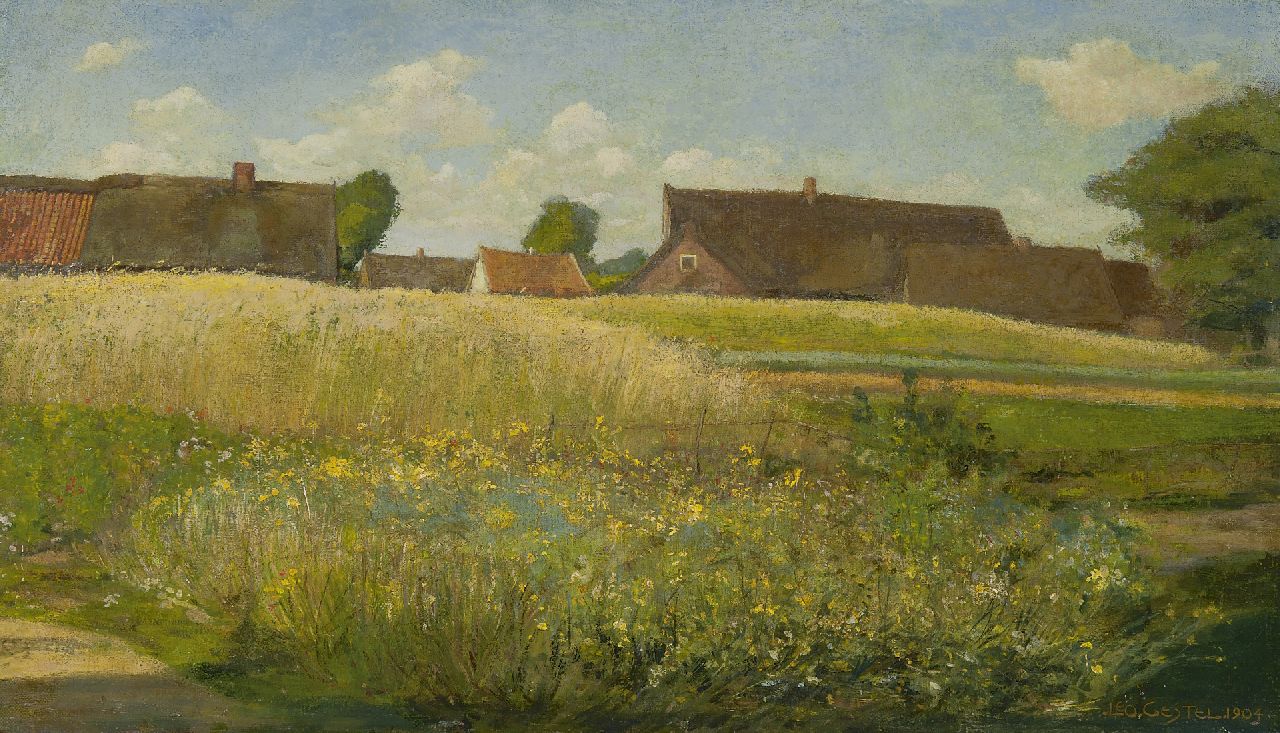 Gestel L.  | Leendert 'Leo' Gestel, Farms along a cornfield, oil on canvas 37.0 x 62.5 cm, signed l.r. and dated 1904