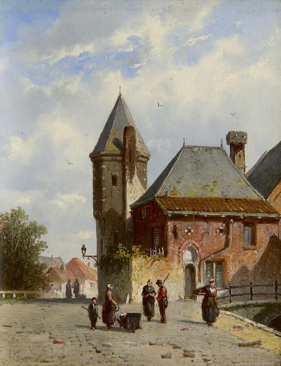 Eversen A.  | Adrianus Eversen, A sunny quay with figures and the Koppelpoort, Amersfoort, oil on panel 19.3 x 15.0 cm, signed l.l. and on a label on the reverse