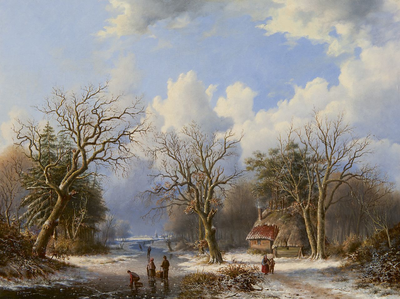 Mirani E.B.G.P.  | 'Everardus' Benedictus Gregorius Pagano Mirani, A winter landscape with skaters on the ice, oil on panel 47.5 x 62.5 cm, signed l.l. and dated 1845