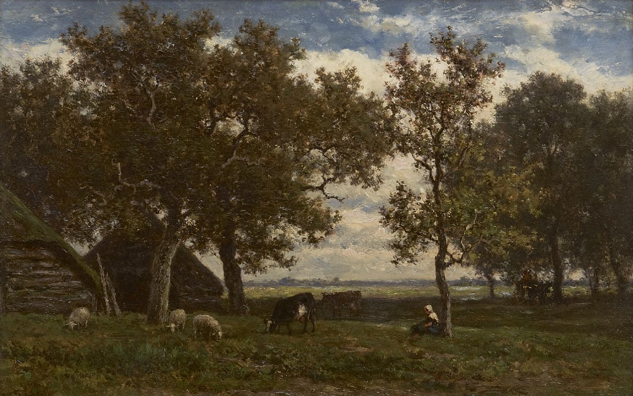 Roelofs W.  | Willem Roelofs | Paintings offered for sale | Farmstead with shepherdess, cows and sheep, oil on panel 23.2 x 36.0 cm, signed l.l. and painted ca. 1861-1867
