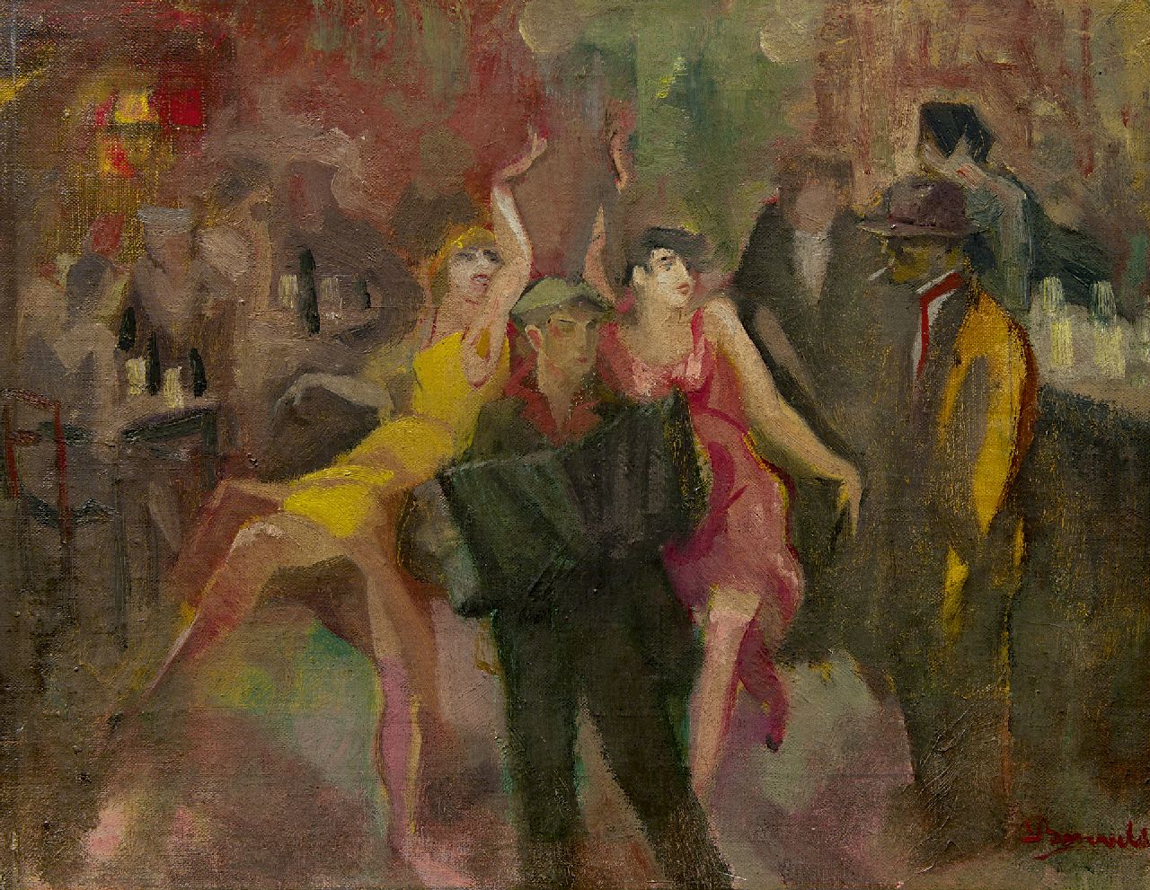 Bervoets L.  | Leo Bervoets, Café dansant, oil on canvas laid down on panel 38.1 x 47.1 cm, signed l.r.