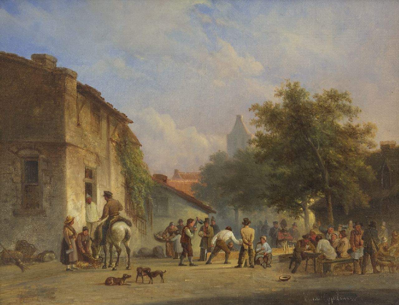 Gijselman W.  | Warner Gijselman | Paintings offered for sale | Playing skittles on the village square, oil on canvas 17.9 x 23.0 cm, signed l.r.