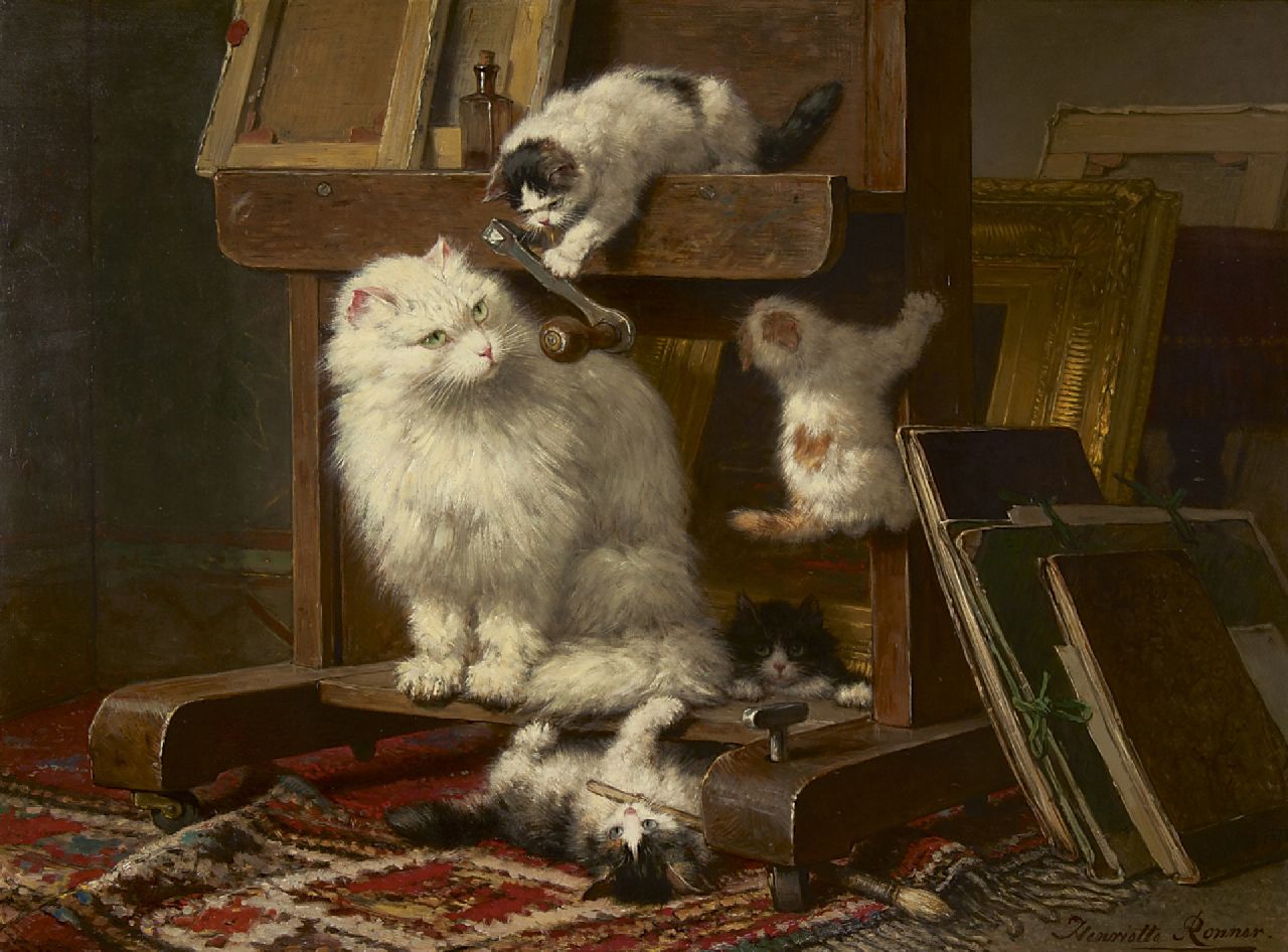 Ronner-Knip H.  | Henriette Ronner-Knip, Cat and her kittens in a painter's studio, oil on panel 54.5 x 72.0 cm, gesigneerd rechtsonder and dated 1878