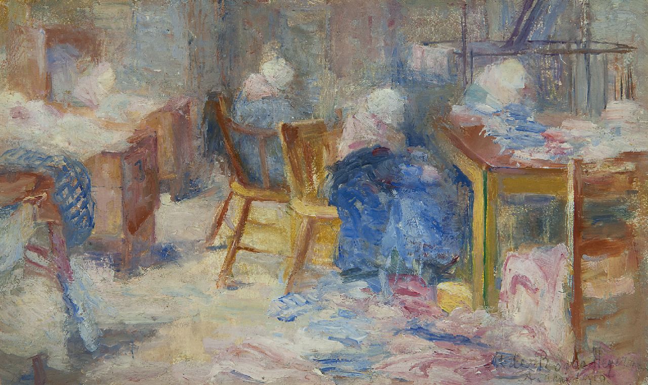 Roode-Heijermans C.M. de | Catherine Mariam 'Marie' de Roode-Heijermans, The laundry, oil on panel 13.8 x 23.6 cm, signed l.r. and dated 'A'dam' 1910