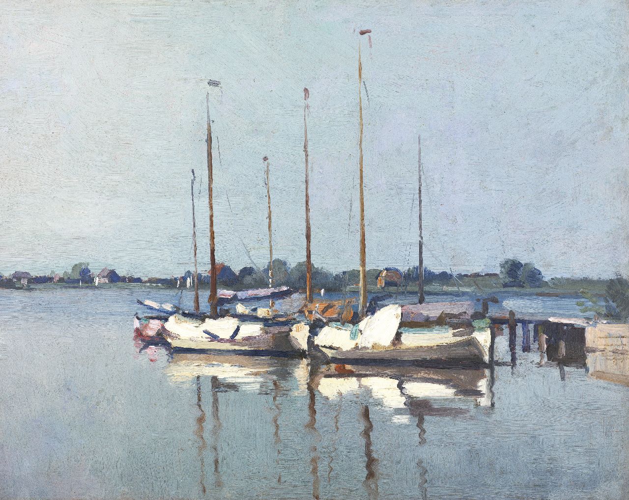 Vreedenburgh C.  | Cornelis Vreedenburgh, Moored sailing boats in the morning sun, oil on board 34.7 x 43.5 cm