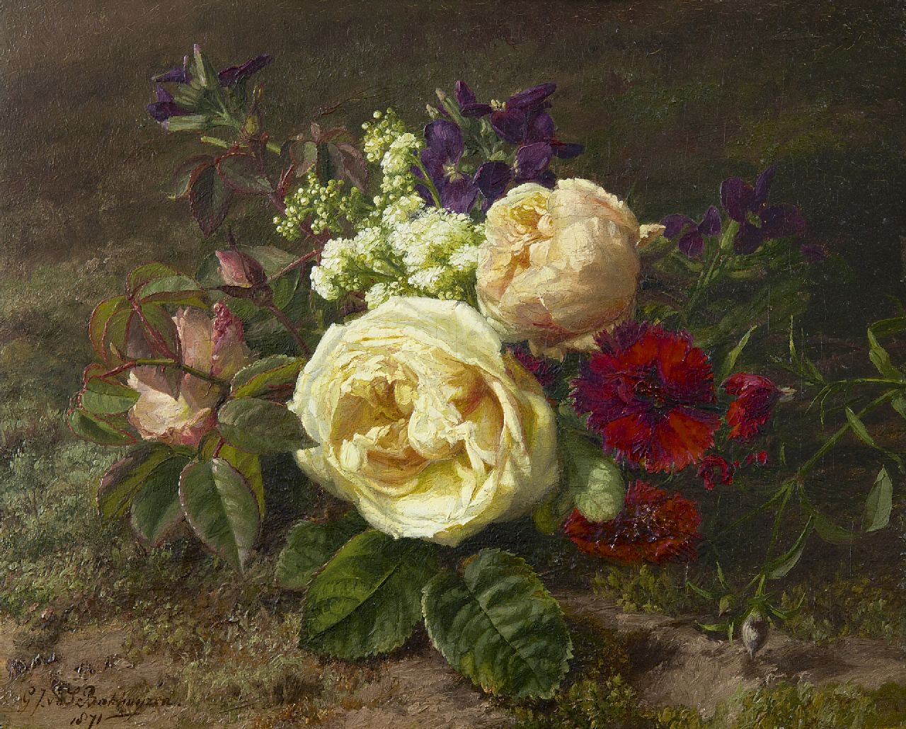 Sande Bakhuyzen G.J. van de | 'Gerardine' Jacoba van de Sande Bakhuyzen, Summer flowers on the forest floor, oil on panel 23.0 x 28.7 cm, signed l.l. and dated 1871