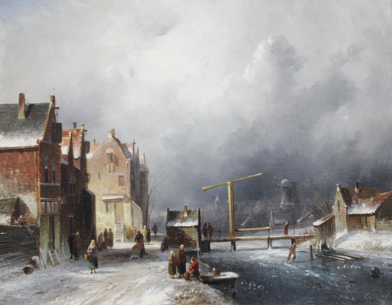 Leickert C.H.J.  | 'Charles' Henri Joseph Leickert, A Dutch town in winter, oil on canvas 35.2 x 44.4 cm, signed l.r.