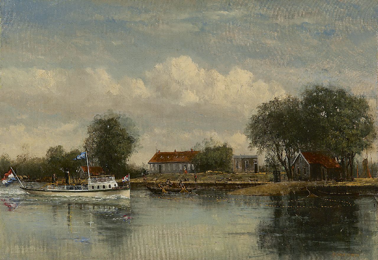 Carlebur F.  | François Carlebur, Salmon fishery 'De Goede Verwachting' on the Nieuwe Maas at IJsselmonde, oil on canvas 39.5 x 56.2 cm, signed l.r. and painted ca. 1885