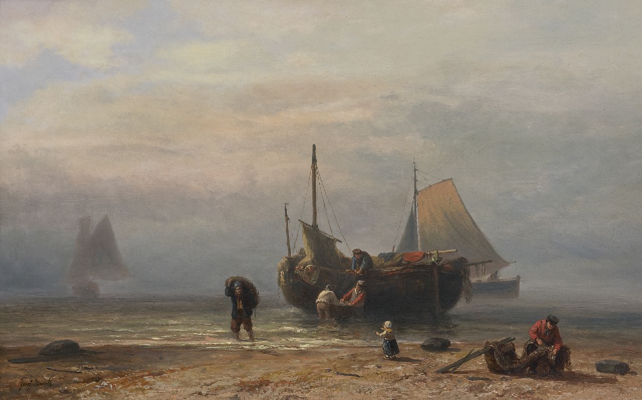 Israëls J.  | Jozef Israëls, Fishing boat on the beach (probably Zandvoort), oil on panel 45.0 x 72.1 cm, signed l.l. and on label on the reverse