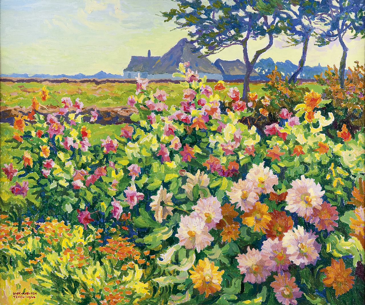 Blok van der Velden A.D.  | Adrianus Dirk 'Ad' Blok van der Velden, A farmer's garden with chrysanthemums and dahlias, Texel, oil on canvas 50.3 x 60.5 cm, signed l.l. and dated 'Texel 1966'