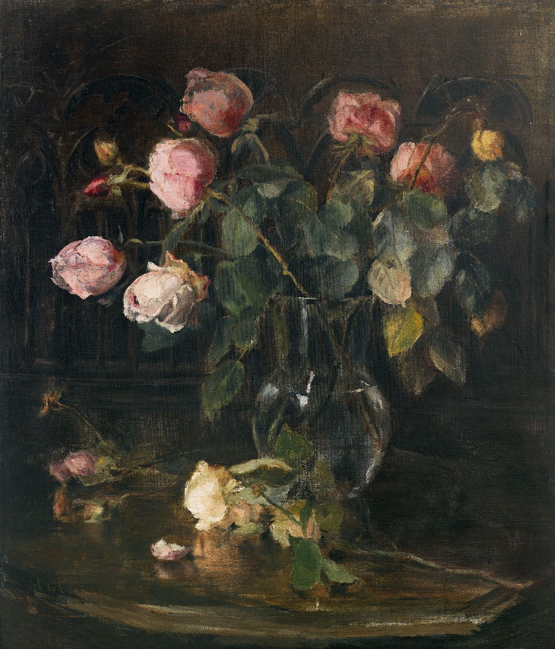 Clerq M.C. de | Marguérite Carolina de Clerq, A still life with roses in a vase, oil on canvas 55.4 x 47.5 cm, signed l.l.