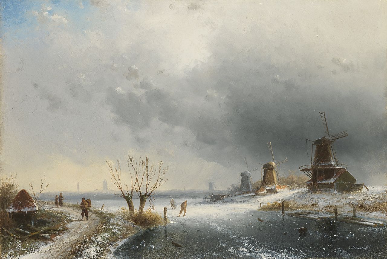 Leickert C.H.J.  | 'Charles' Henri Joseph Leickert, A river landscapein winter with windmills and skaters, oil on panel 31.9 x 47.2 cm, signed l.r.