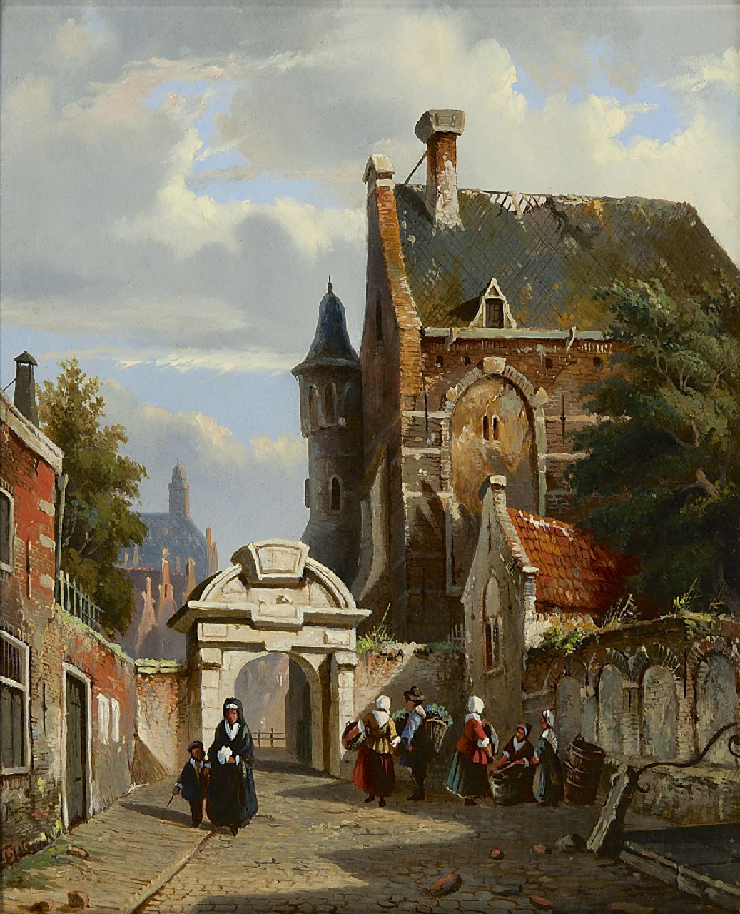 Eversen A.  | Adrianus Eversen, A town view with the Amsterdam Zuiderkerkhofpoort, oil on panel 26.1 x 21.3 cm, signed l.l. with monogram and painted ca 1852