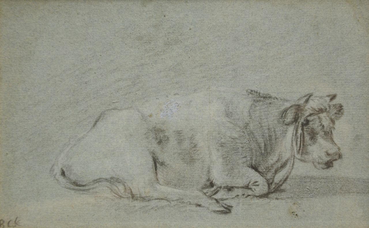 Koekkoek B.C.  | Barend Cornelis Koekkoek, Study of a resting cow, chalk on coloured paper 13.2 x 21.0 cm, signed l.l. with initials