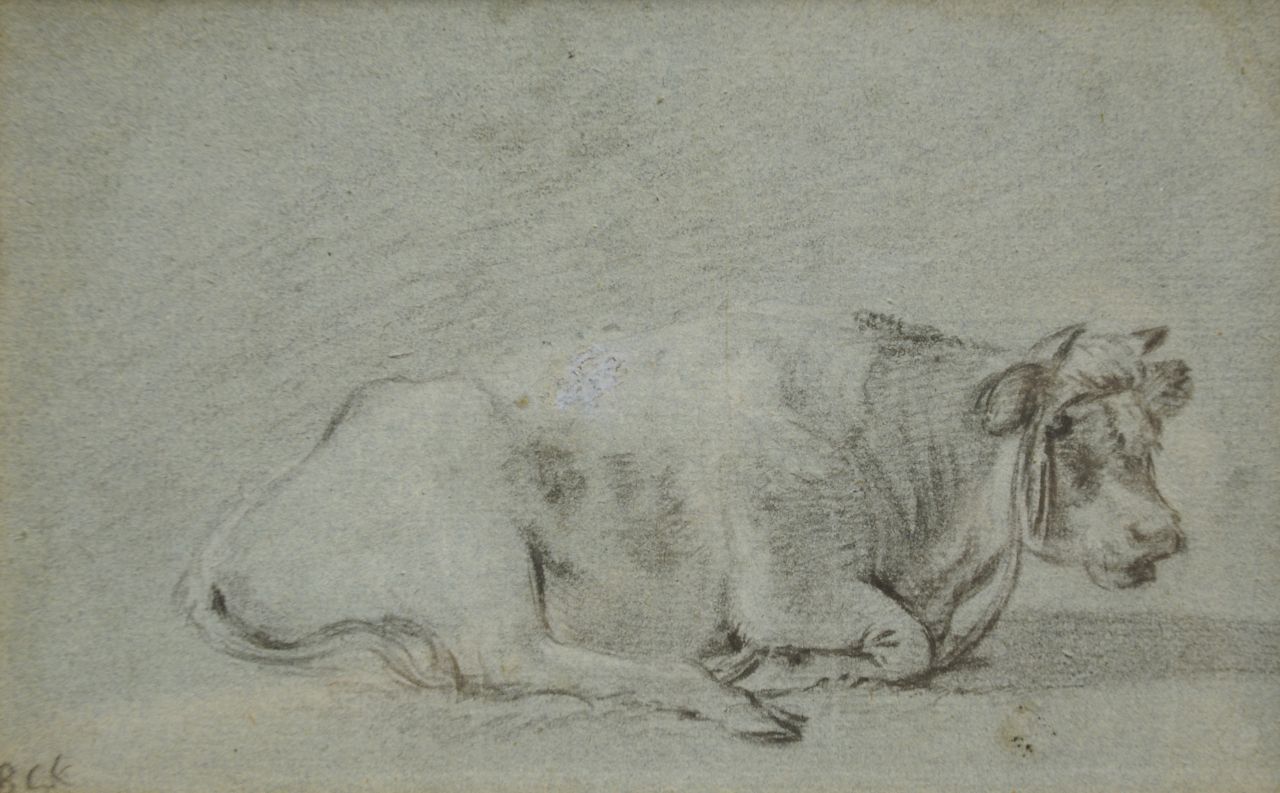 Koekkoek B.C.  | Barend Cornelis Koekkoek, Study of a resting cow, chalk on coloured paper 13.2 x 21.0 cm, signed l.l. with initials