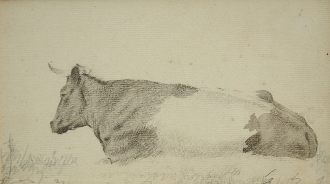 Koekkoek B.C.  | Barend Cornelis Koekkoek, Study of a resting cow, chalk and watercolour on paper 10.1 x 18.2 cm