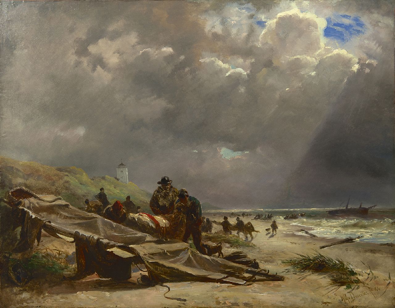 Deventer W.A. van | 'Willem' Anthonie van Deventer | Paintings offered for sale | Shipwreck on the beach of Katwijk, oil on paper laid down on painter's board 46.3 x 59.6 cm, signed l.r. and dated '44