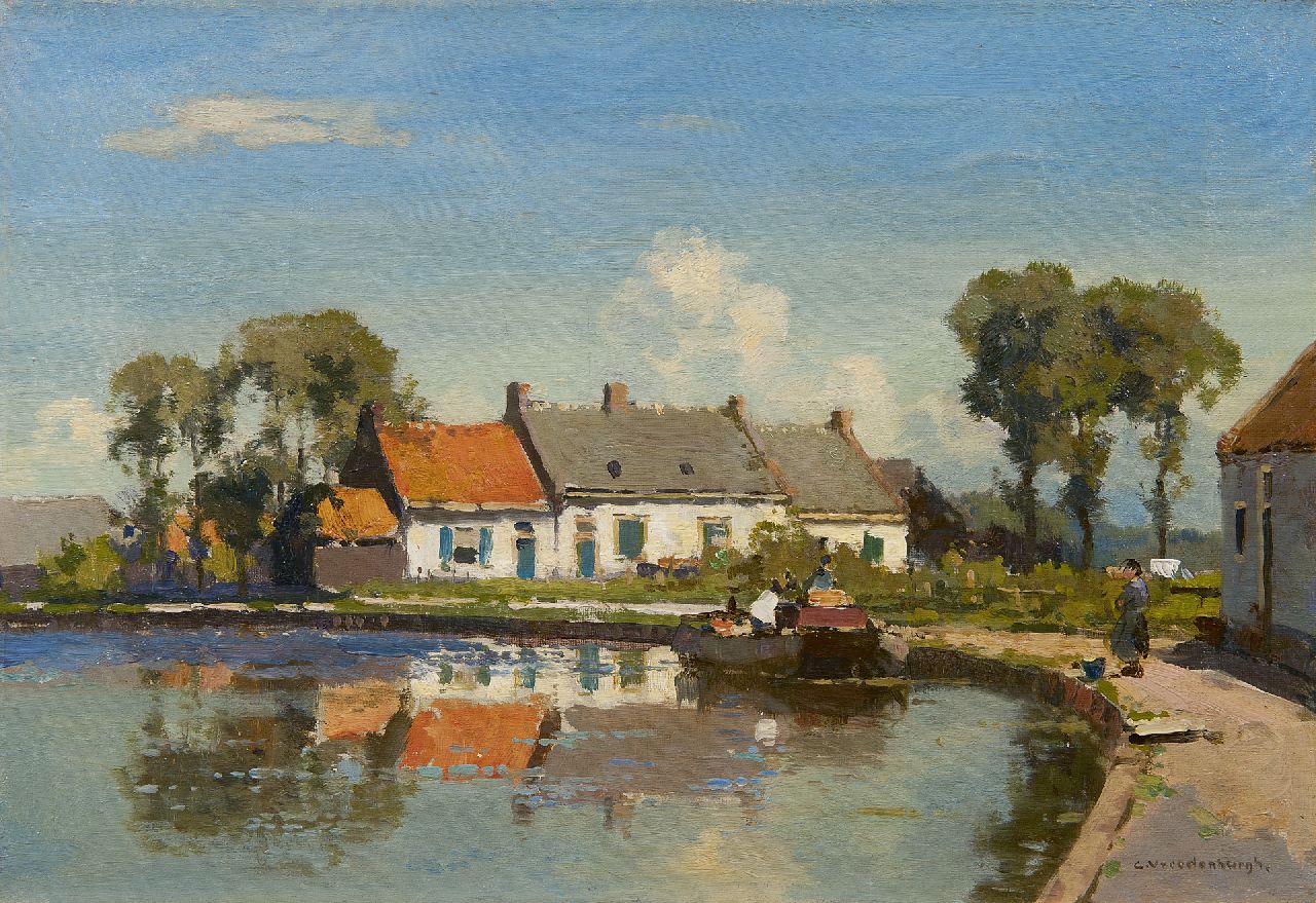 Vreedenburgh C.  | Cornelis Vreedenburgh, Houses along a river, oil on canvas 30.3 x 43.6 cm, signed l.r.
