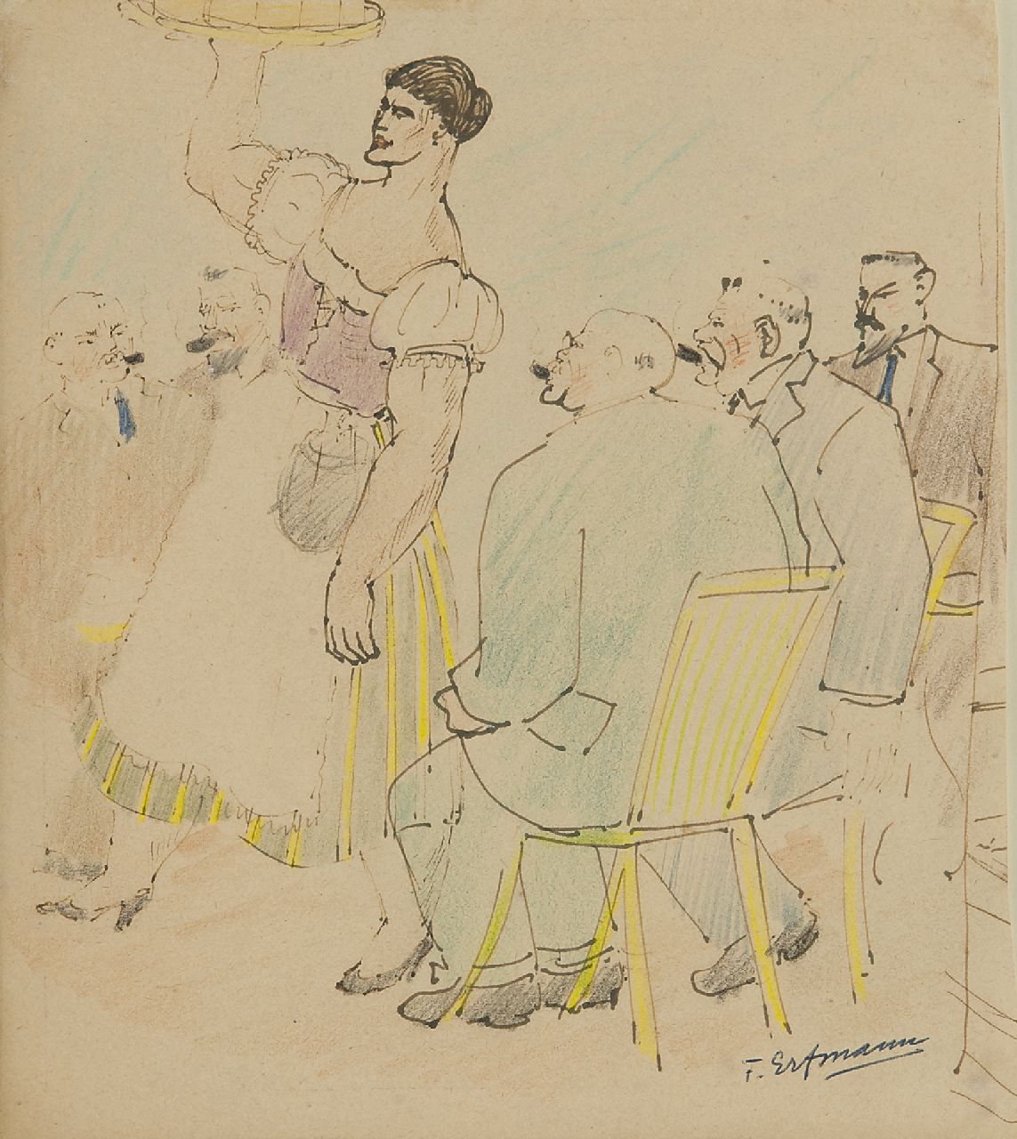 Erfmann F.G.  | 'Ferdinand' George Erfmann | Watercolours and drawings offered for sale | The German waitress, pen, ink and pencil on paper 21.0 x 18.9 cm, signed l.r.