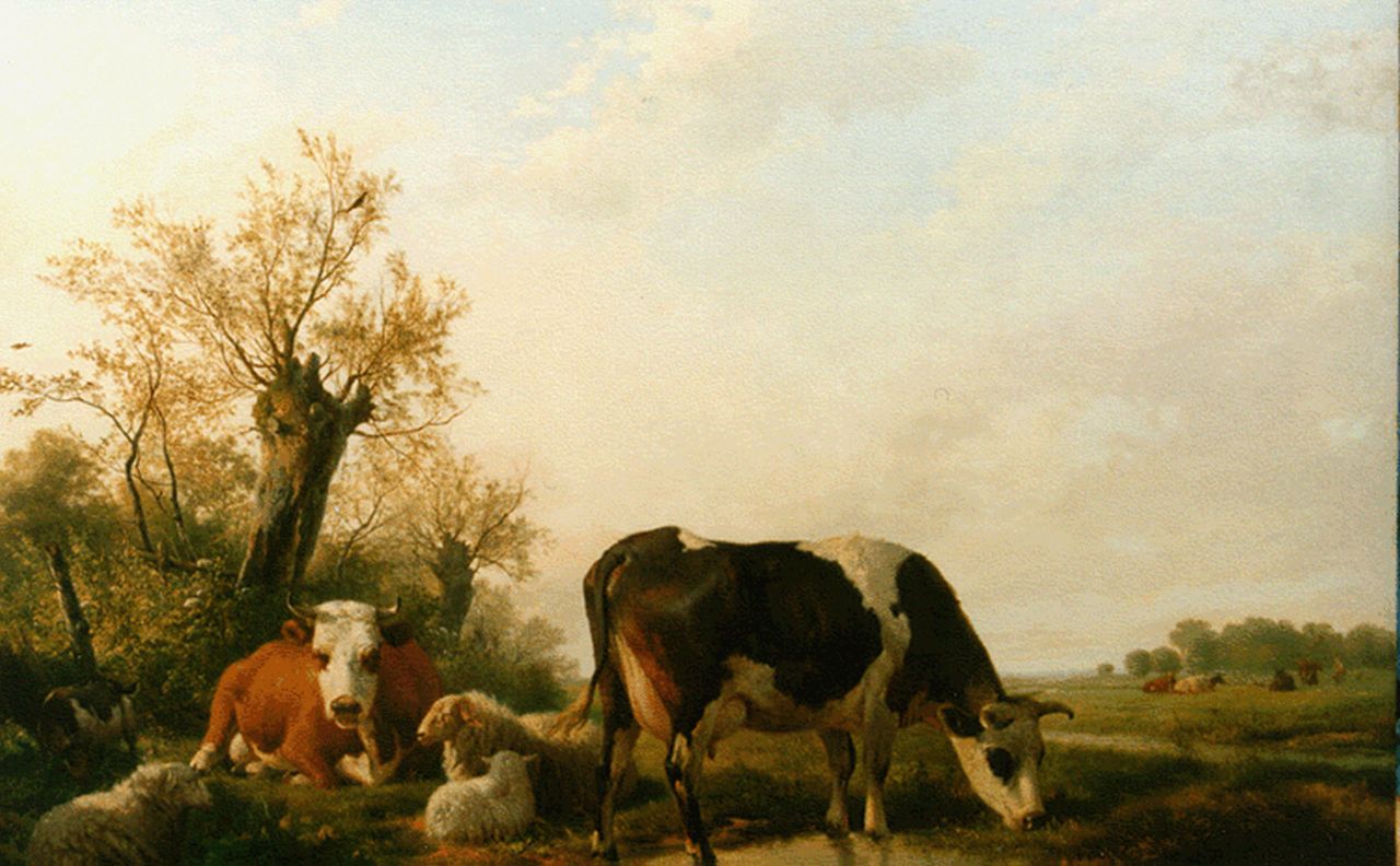 Sande Bakhuyzen H. van de | Hendrikus van de Sande Bakhuyzen, Cattle in a landscape, oil on panel 86.0 x 116.2 cm, signed l.l. and dated 1844