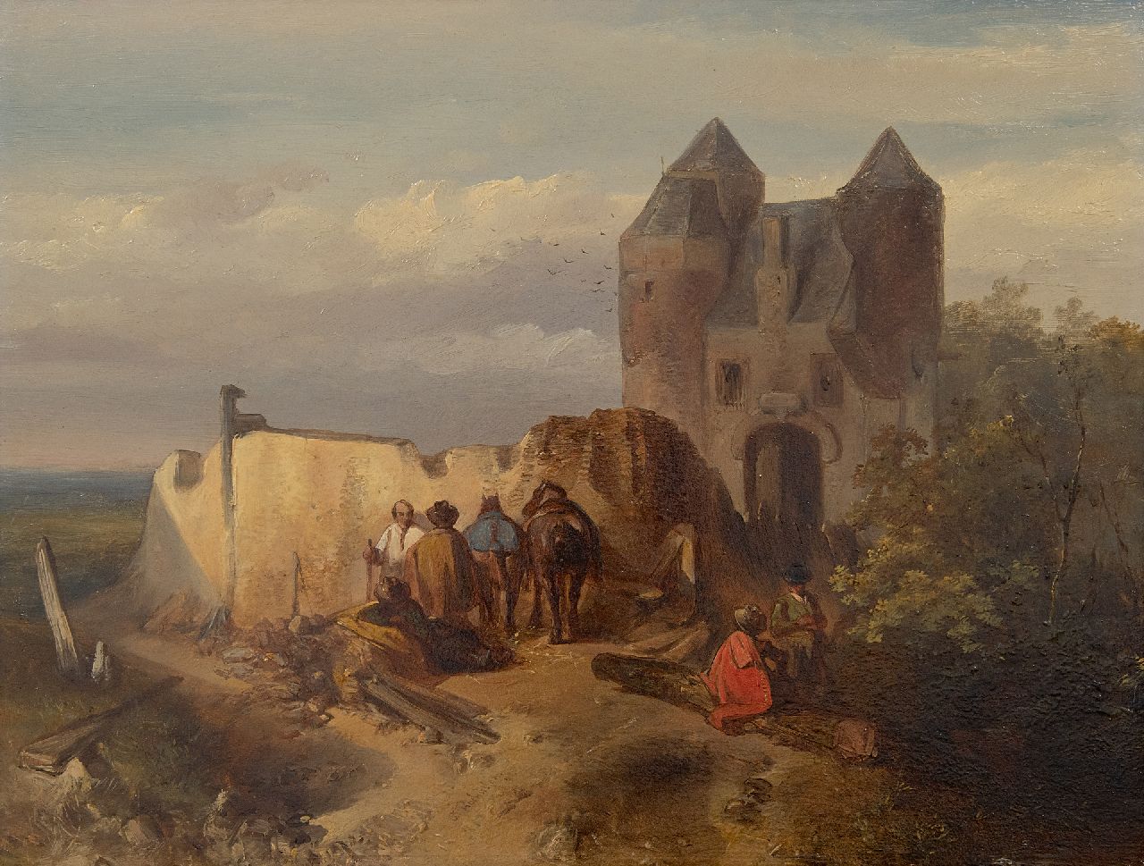 Rochussen Ch.  | Charles Rochussen | Paintings offered for sale | Landscape with travellers near a ruin, oil on panel 25.5 x 33.5 cm, signed l.l. and dated '42