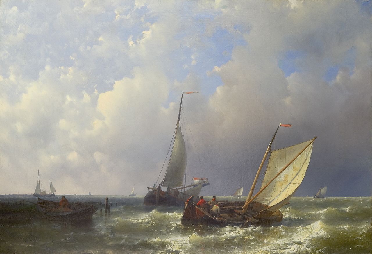 Hulk A.  | Abraham Hulk, Sailing boats in front of a harbour, oil on canvas 49.0 x 70.2 cm, signed l.o.