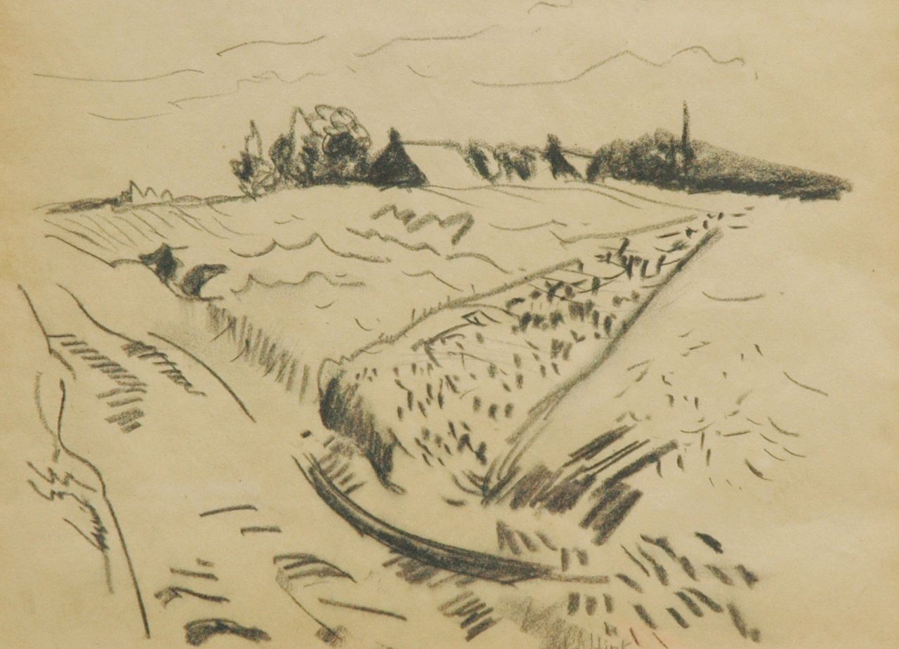 Altink J.  | Jan Altink, Landscape, Drenthe, black chalk on paper 26.5 x 36.2 cm, signed l.c. and painted ca. 1930