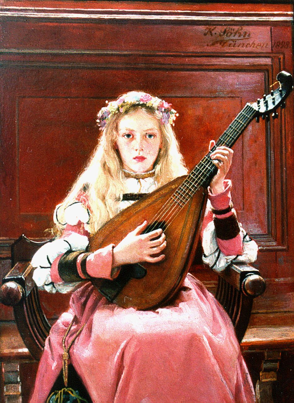 Sohn K.W.  | Karl Wilhelm Sohn, A girl with a lute, oil on panel 18.0 x 13.7 cm, signed u.r. and dated 1898