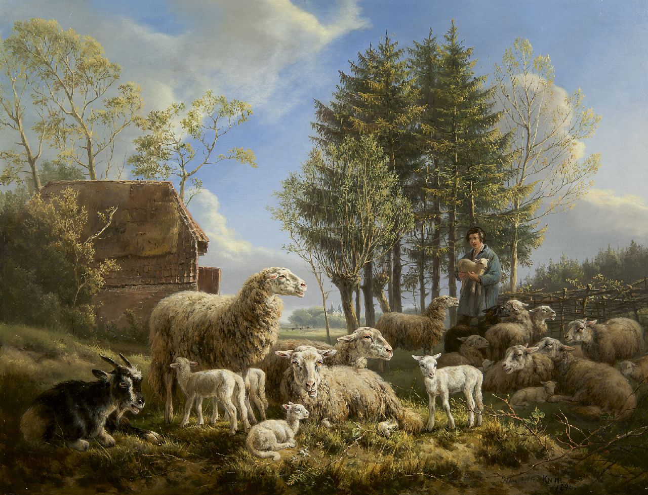 Ronner-Knip H.  | Henriette Ronner-Knip, Sheep with a shepherd in a landscape, oil on panel 46.3 x 60.1 cm, signed l.r. and dated 1840