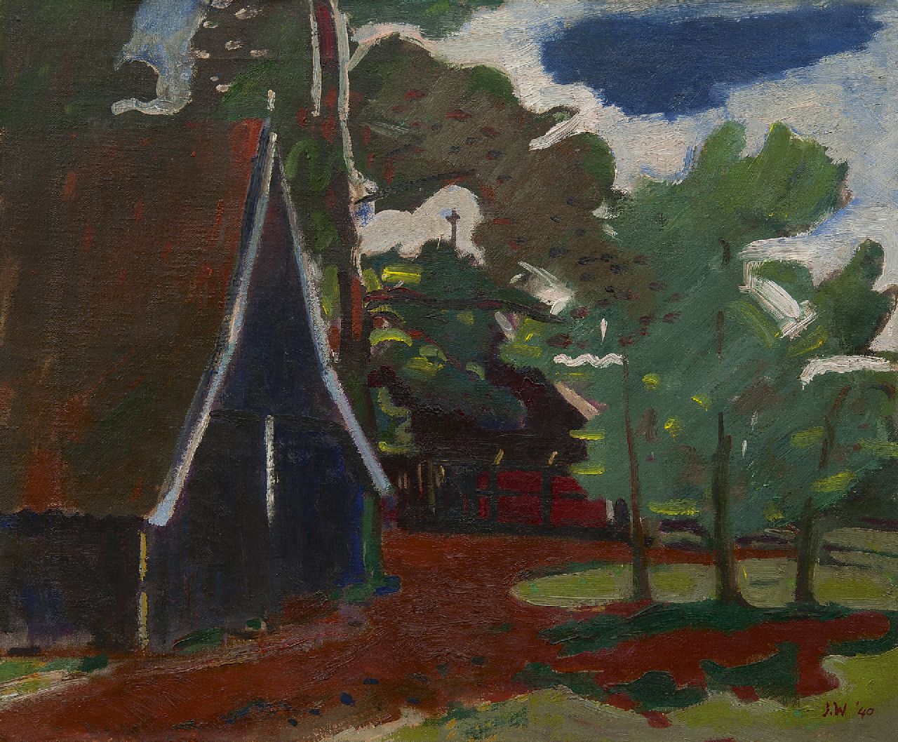 Wiegers J.  | Jan Wiegers | Paintings offered for sale | A farm in Twente, oil on canvas 45.4 x 55.7 cm, signed l.r. with initials and on the stretcher in full and dated '40