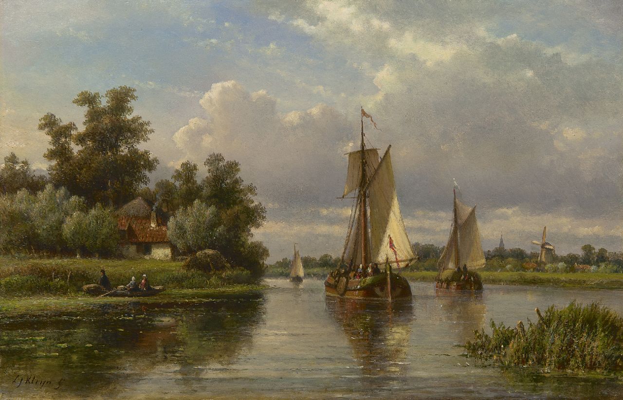 Kleijn L.J.  | Lodewijk Johannes Kleijn, A river landscape with ships, oil on panel 33.8 x 52.2 cm, signed l.l.