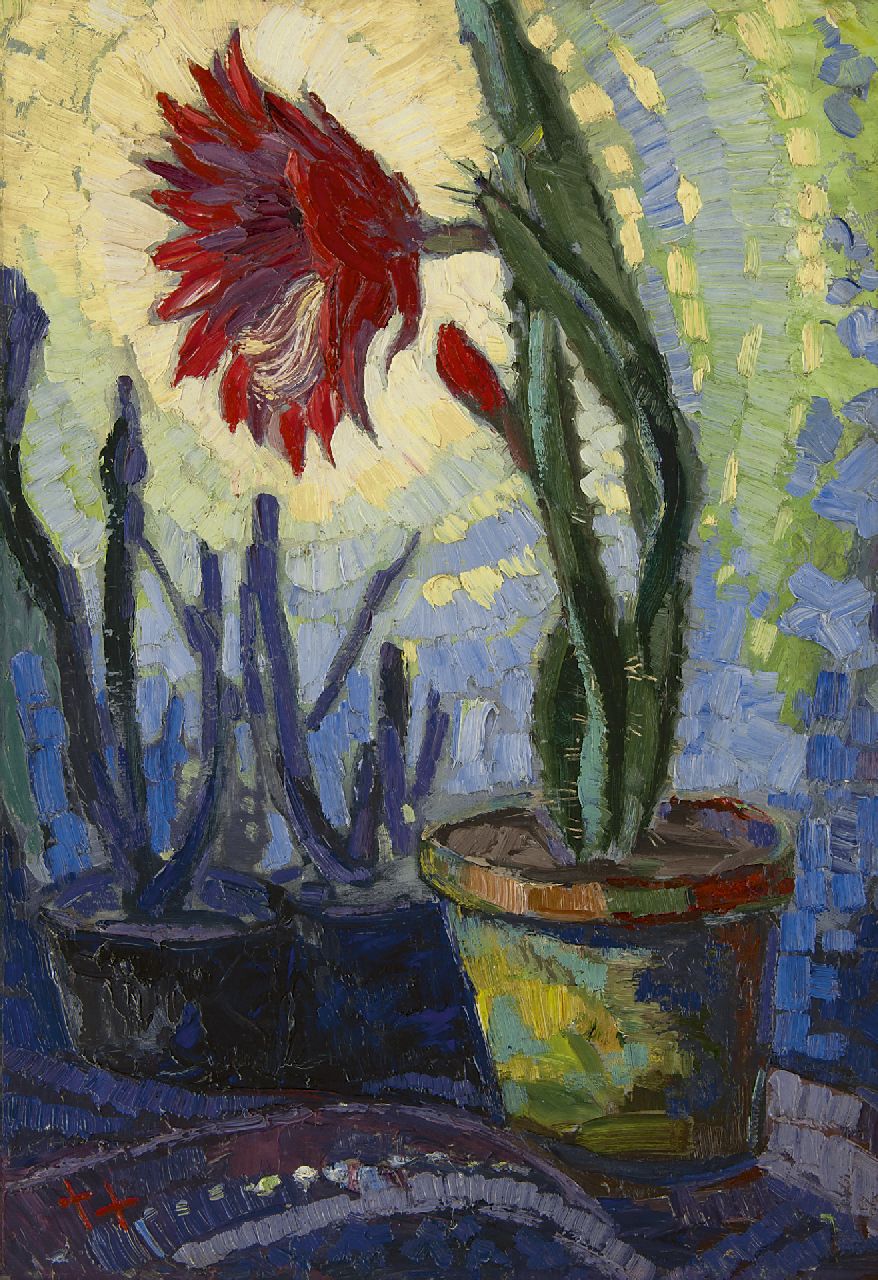 Kruysen J.  | Johannes 'Jan' Kruysen, A flowering cactus, oil on painter's board 60.8 x 43.0 cm, signed l.l. with monogram