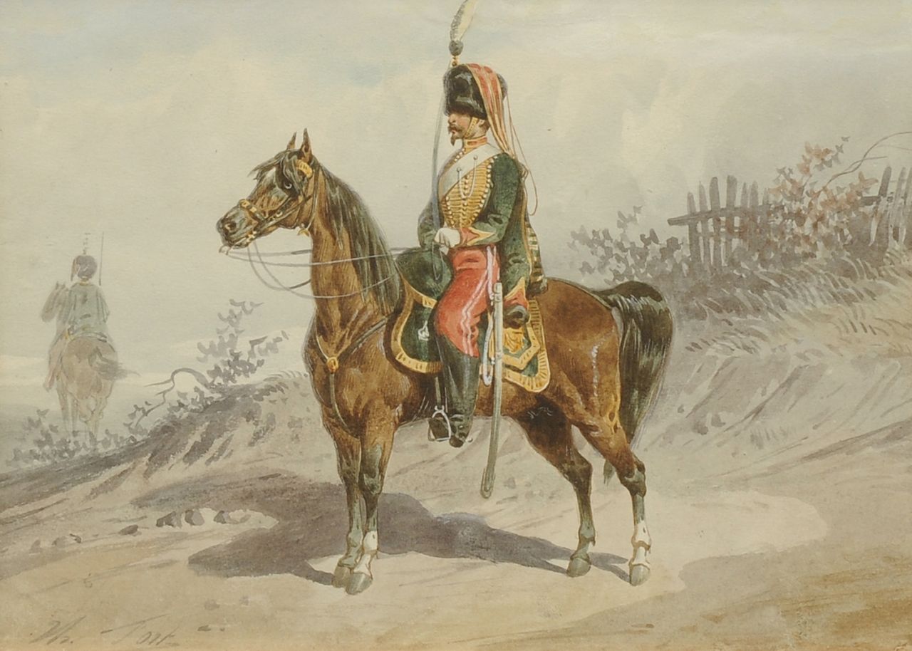 Théodore Fort | The hussar, watercolour on paper, 19.7 x 26.6 cm, signed l.l.