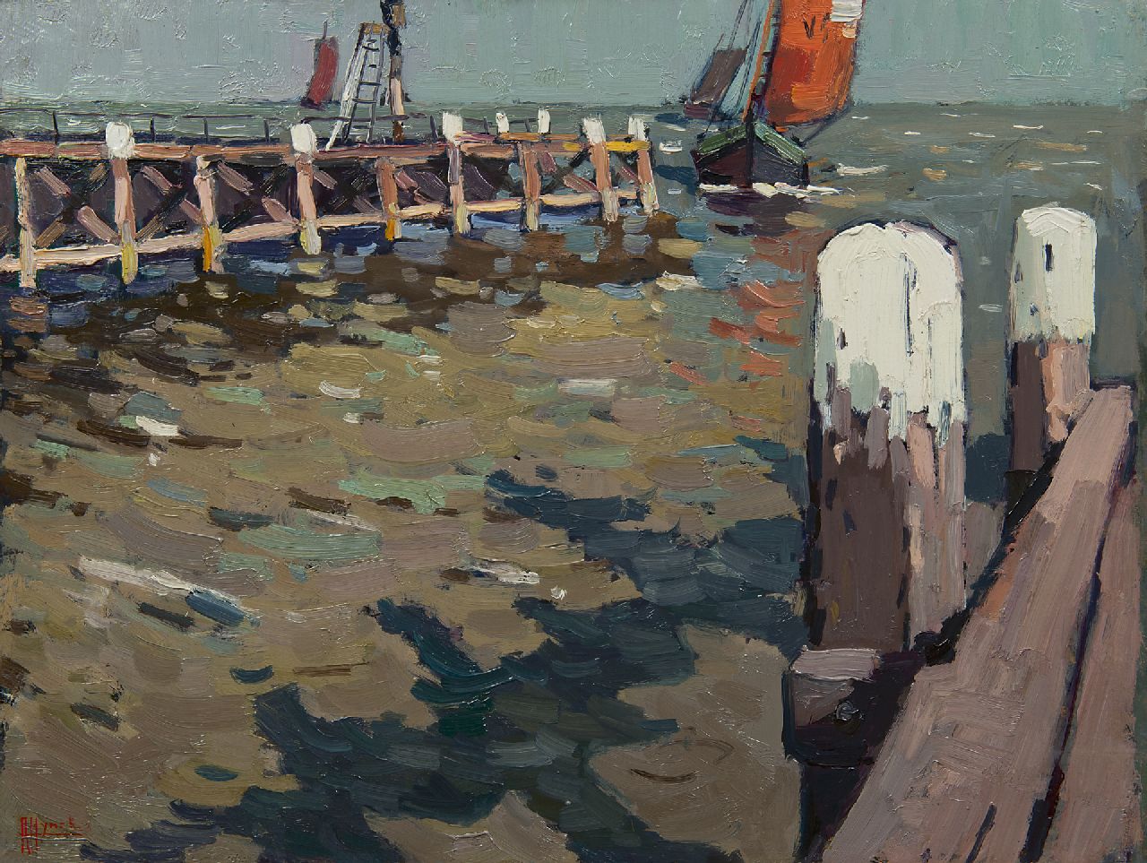 Hynckes R.  | Raoul Hynckes, Entrance of the harbour of Volendam, oil on panel 41.8 x 56.0 cm, signed l.l.