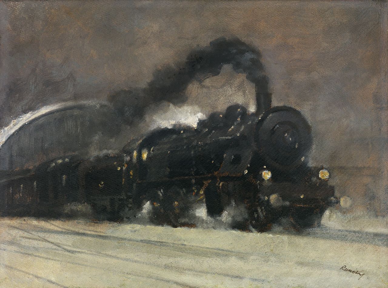 Ronek J.  | Jaroslav Ronek, Steamtrain leaving the station, oil on painter's board 44.5 x 59.6 cm, signed l.r.
