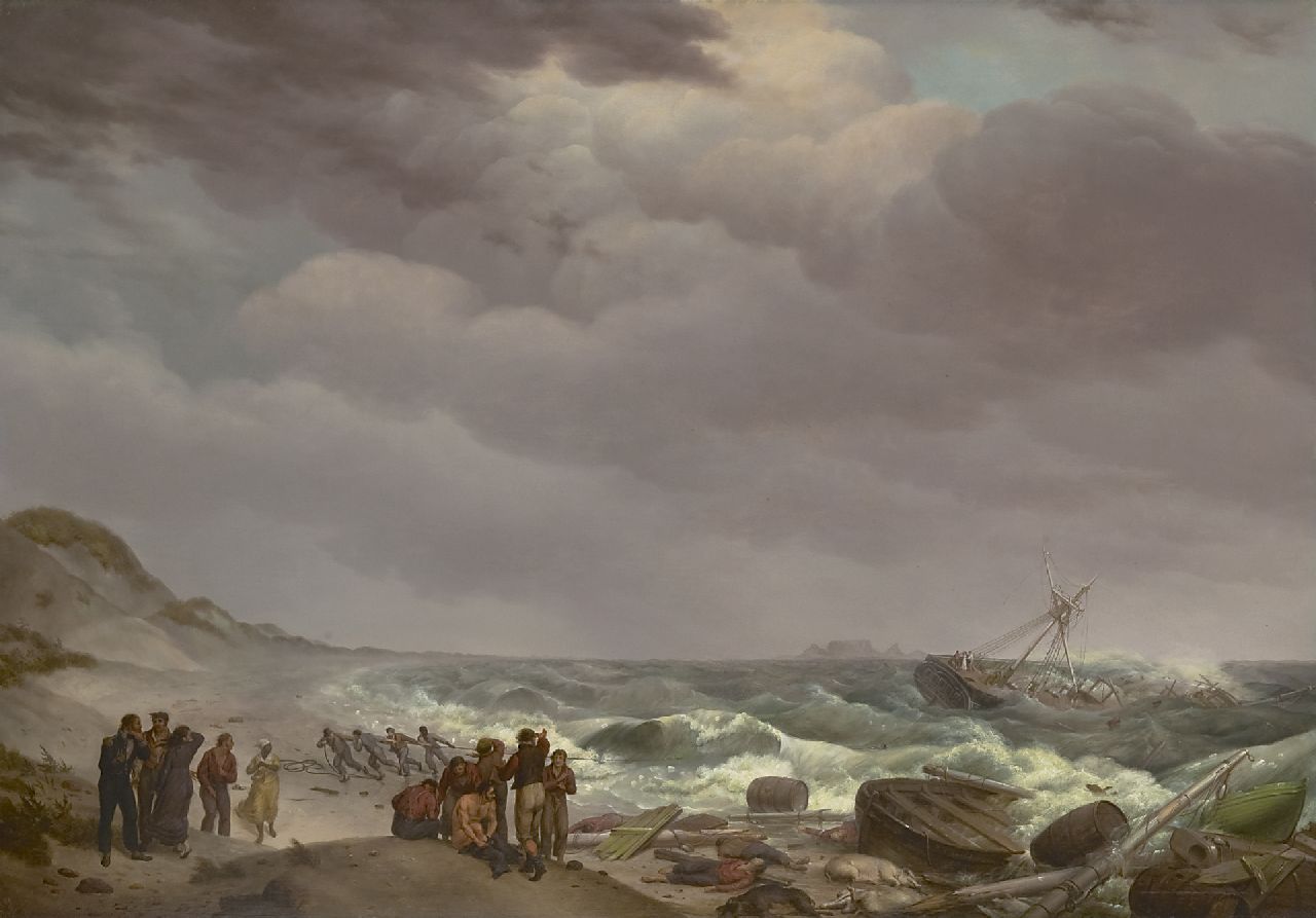 Koekkoek J.H.  | Johannes Hermanus Koekkoek | Paintings offered for sale | Shipwreck at the South African coast, Tsaarsbank, with the Table Mountain in the distance, oil on panel 57.4 x 82.8 cm, signed l.r. and dated 1824 (vague)