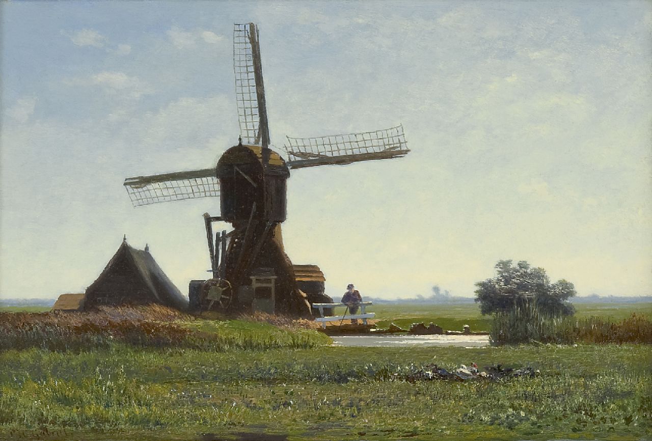 Gabriel P.J.C.  | Paul Joseph Constantin 'Constan(t)' Gabriel, Windmill 'De Winkel' in backlight, oil on panel 20.3 x 30.5 cm, signed l.l.