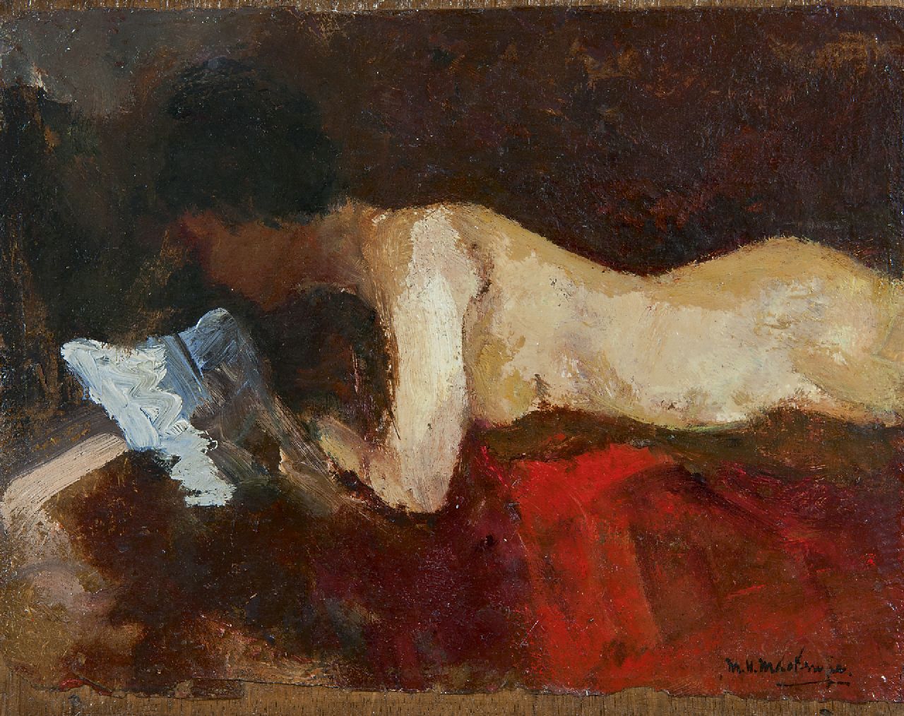Mackenzie M.H.  | Marie Henri Mackenzie, Reclining nude, oil on panel 17.2 x 21.3 cm, signed l.r.