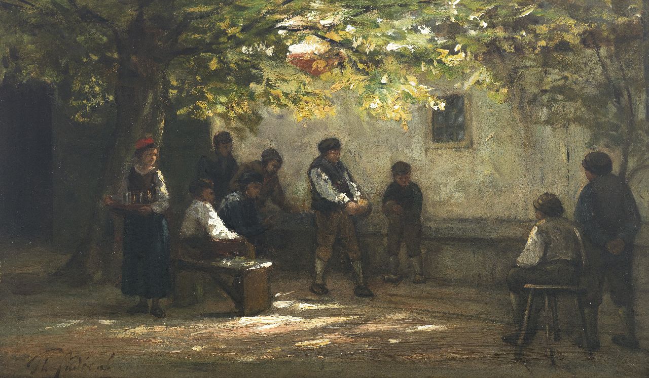 Sadée P.L.J.F.  | Philip Lodewijk Jacob Frederik Sadée, Bowling in the courtyard, oil on paper laid down on panel 21.0 x 33.3 cm, signed l.l.