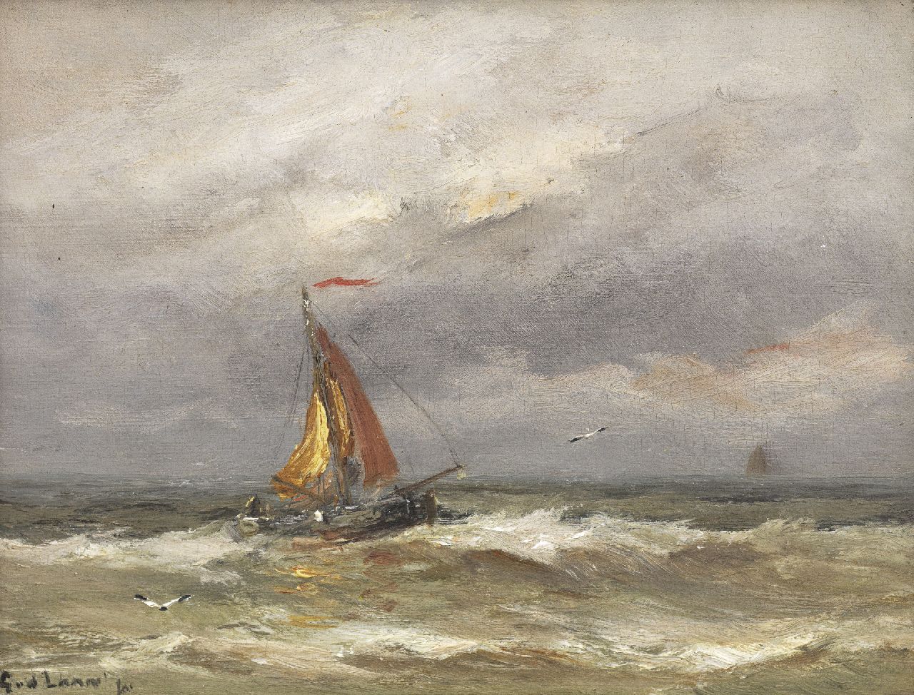 Laan G. van der | Gerard van der Laan, Fishing ship on the sea by Katwijk, oil on panel 15.0 x 19.8 cm, signed l.l.