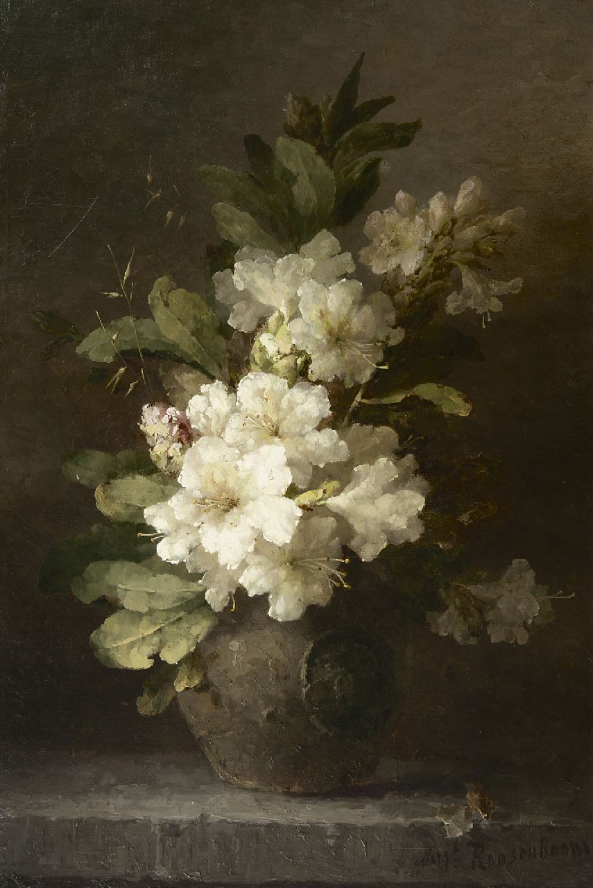 Roosenboom M.C.J.W.H.  | 'Margaretha' Cornelia Johanna Wilhelmina Henriëtta Roosenboom, Rhododendron branches in a stoneware vase, oil on canvas 64.8 x 43.5 cm, signed l.r.