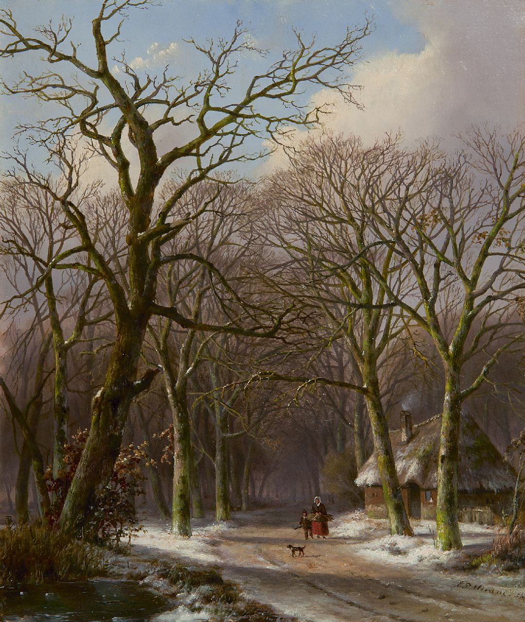 Mirani E.B.G.P.  | 'Everardus' Benedictus Gregorius Pagano Mirani, Land folk on a snowy path, oil on panel 26.7 x 22.4 cm, signed l.r.