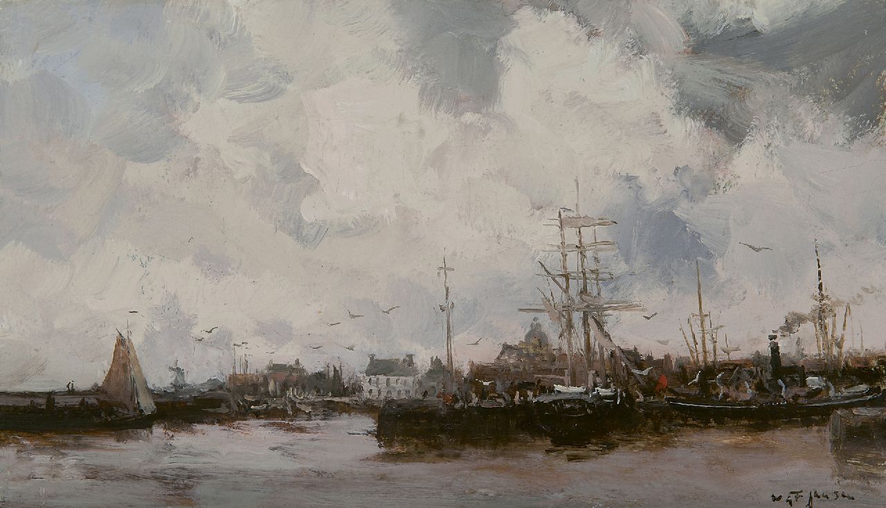 Jansen W.G.F.  | 'Willem' George Frederik Jansen, The Nieuwe Willemshaven in Harlingen, oil on canvas 20.2 x 34.8 cm, signed l.r.