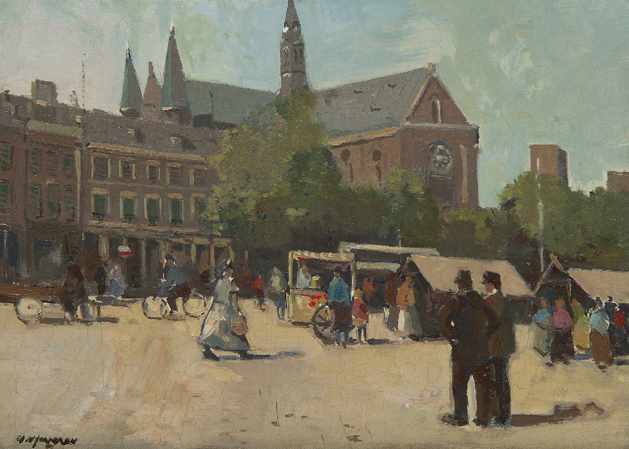 Jeveren G. van | Gerrit van Jeveren | Paintings offered for sale | Market day near the Bosjeskerk in Rotterdam, oil on canvas 25.3 x 35.3 cm, signed l.l.