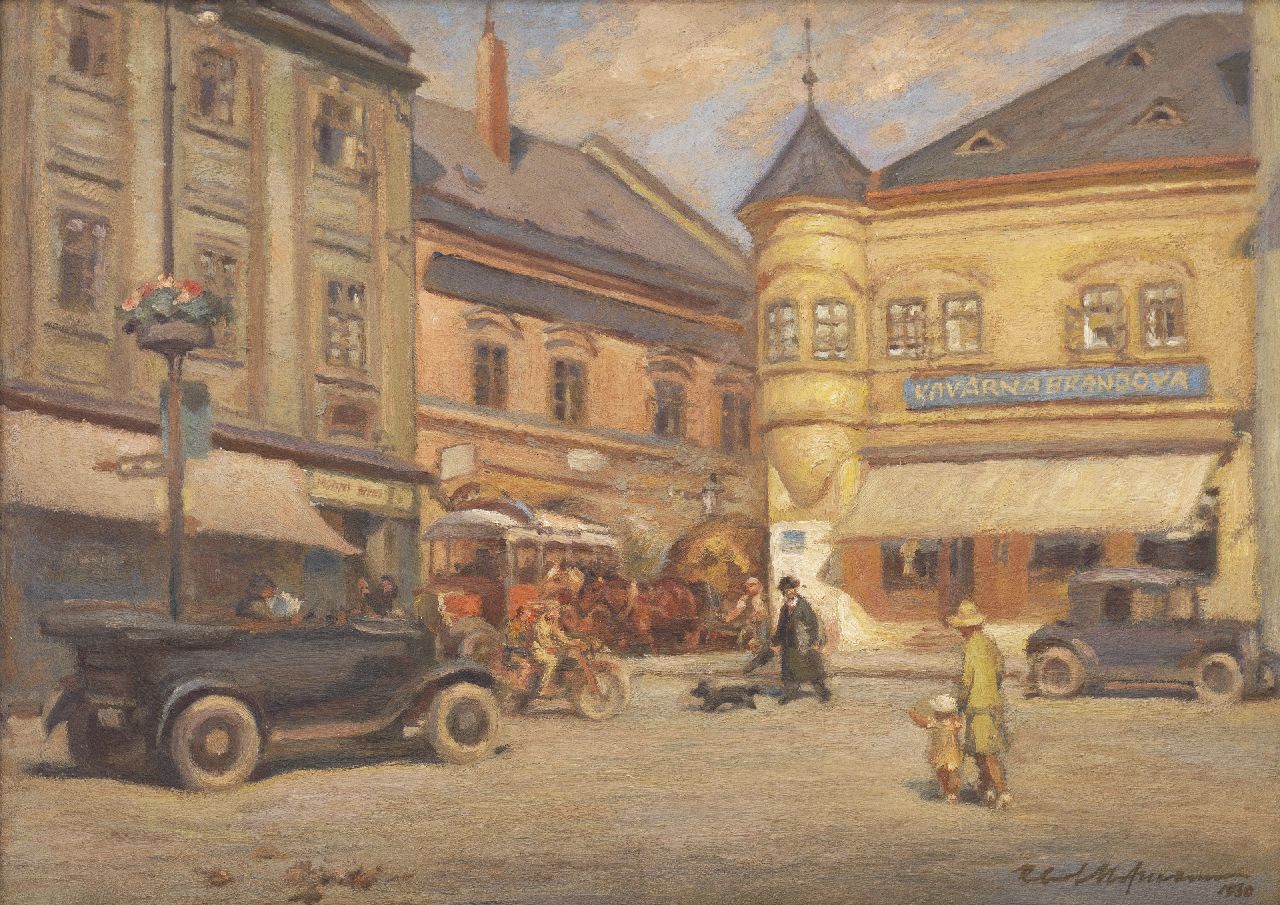 Robert Hofmann | Marketplace in Kroměříž with the well known coffeehouse Kavárna Brándova, oil on painter's board, 38.3 x 53.0 cm, signed l.l. and dated 1930