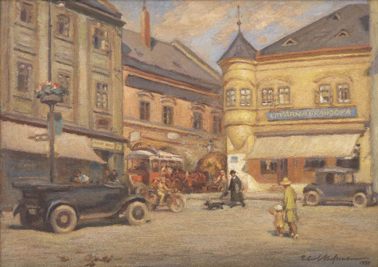 Hofmann R.  | Robert Hofmann | Paintings offered for sale | Marketplace in Kroměříž with the well known coffeehouse Kavárna Brándova, oil on painter's board 38.3 x 53.0 cm, signed l.l. and dated 1930