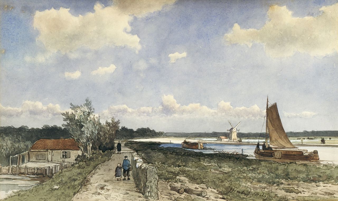 Weissenbruch H.J.  | Hendrik Johannes 'J.H.' Weissenbruch, Along the 'trekvliet' near the Geestbrug, watercolour on paper 19.9 x 33.3 cm, signed l.r.