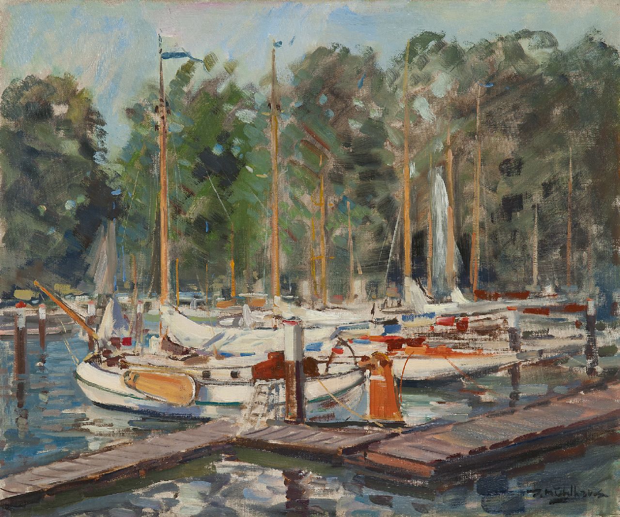 Mühlhaus D.  | Daniël 'Daan' Mühlhaus, Moored yachts in the harbour of the KDRZV Dordrecht, oil on canvas 50.0 x 60.2 cm, signed l.r.