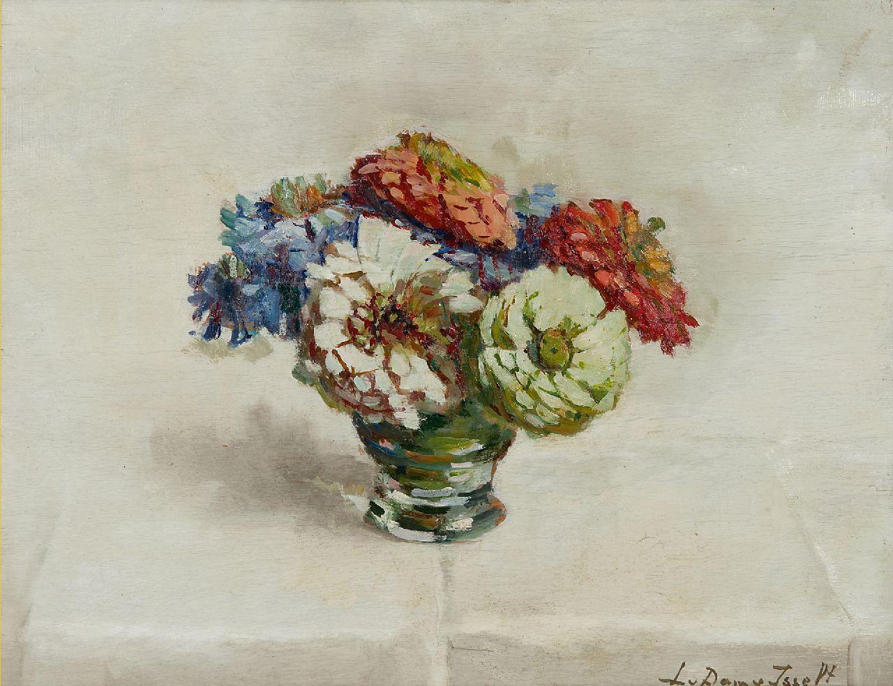 Dam van Isselt L. van | Lucie van Dam van Isselt, Zinnias, oil on panel 31.9 x 40.2 cm, signed l.r.